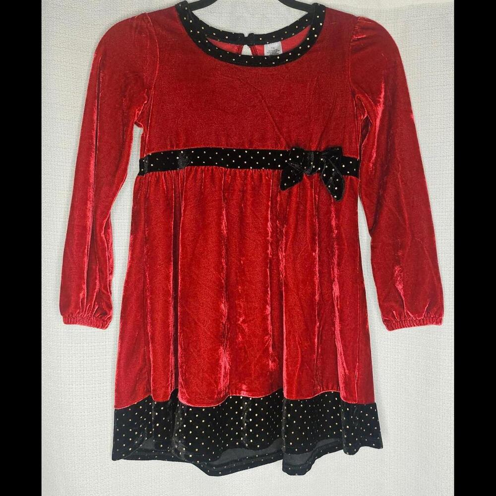 Christmas Holiday Dress Red Velvet Black Bow  Girls Size 7/8